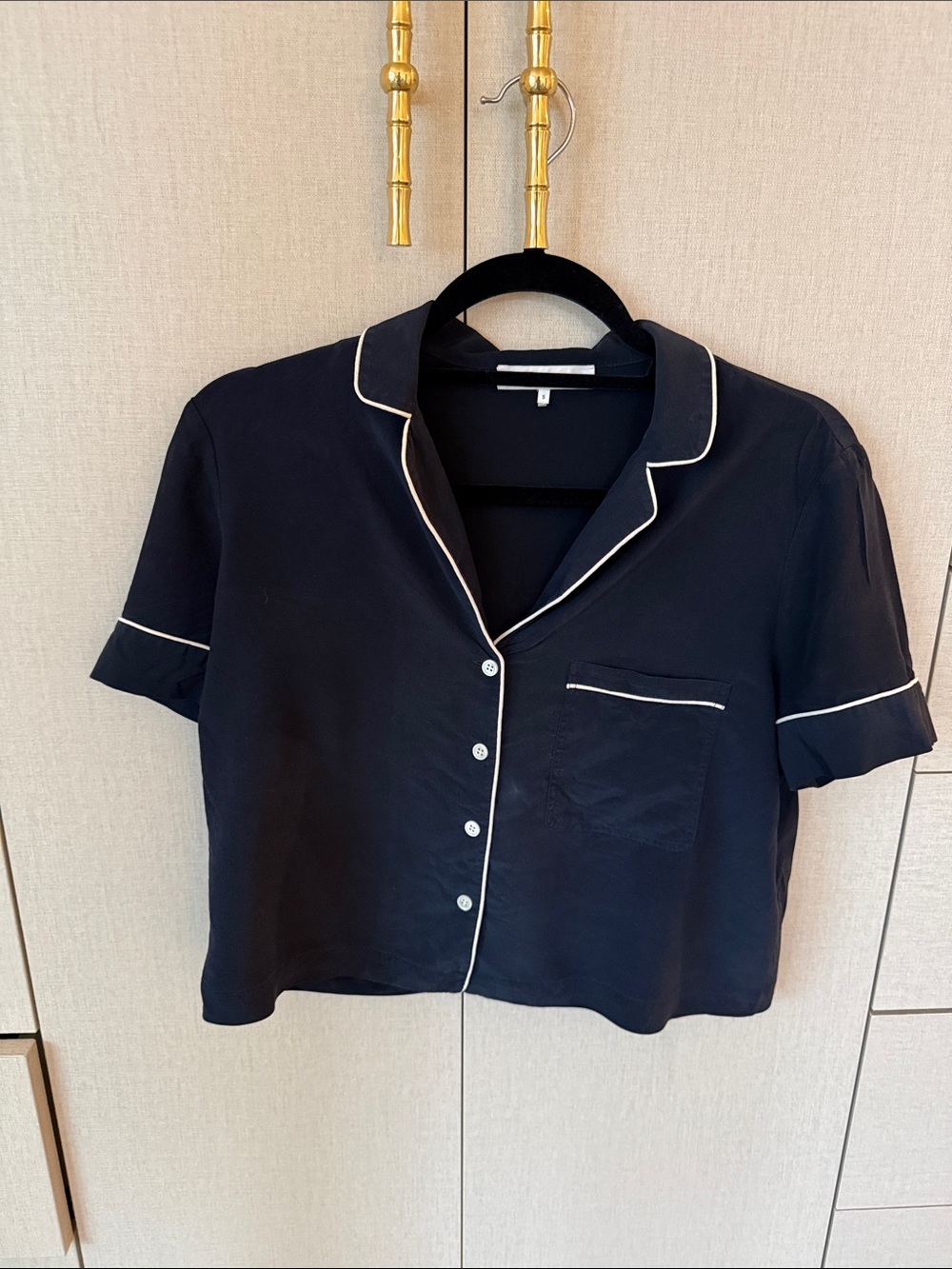 Frame Silk Pajama style Navy Blouse with White Piping Detail